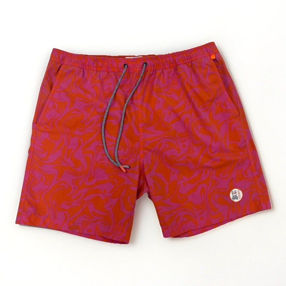 Psycho Bunny x Swims Swim Shorts Pink Orange Mens XL Colorful Beach Pool *Flaw